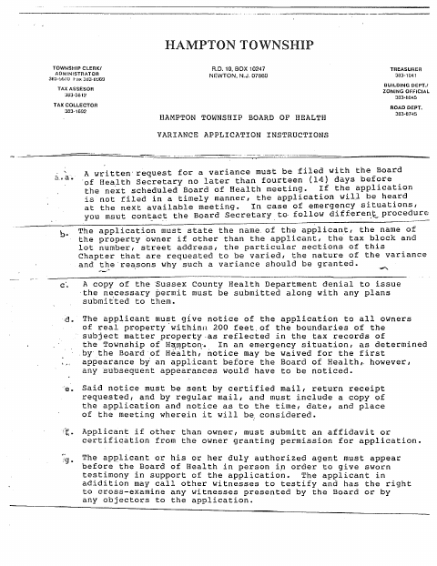 First page of the Board of Health Variance Application
