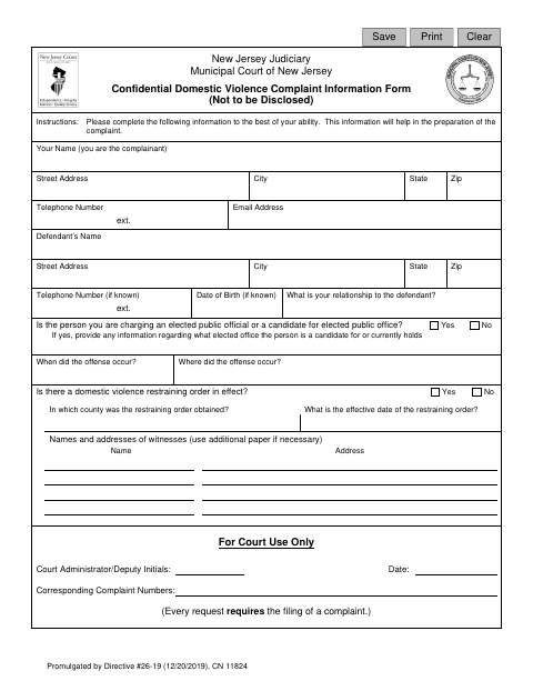 First page of the Confidential Domestic Violence Complaint Information Form