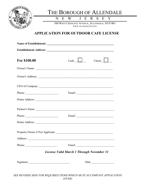 First page of the Application for Outdoor Cafe License