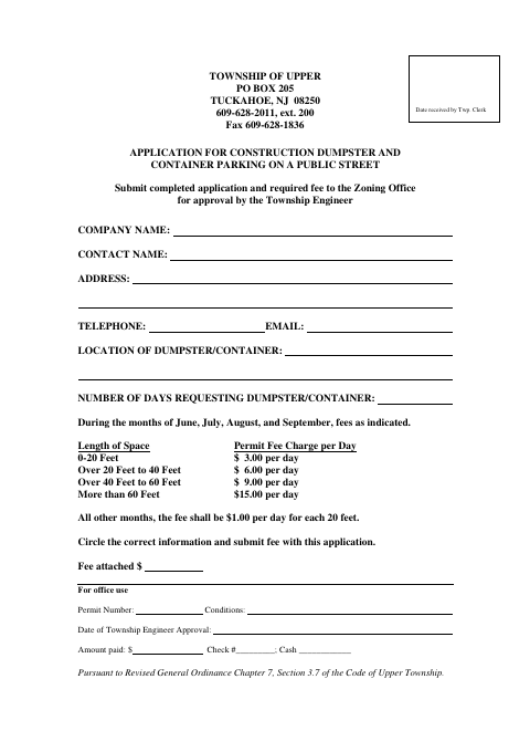 First page of the Application for Construction Dumpster and Container Parking on a Public Street