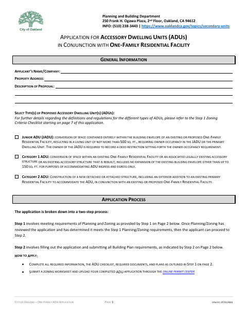 First page of the One-Family ADU Application