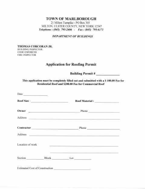 First page of the Application for Roofing Permit