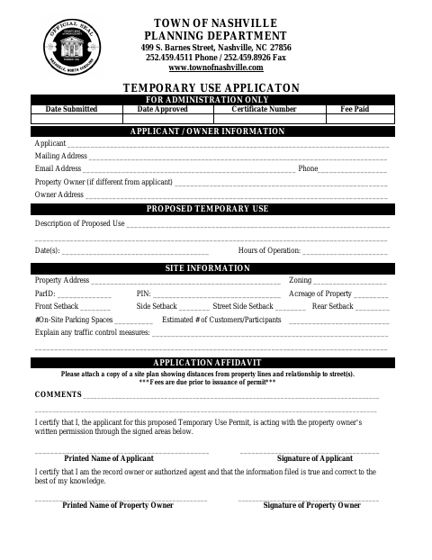 First page of the Temporary Use Application