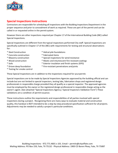 First page of the Special Inspections