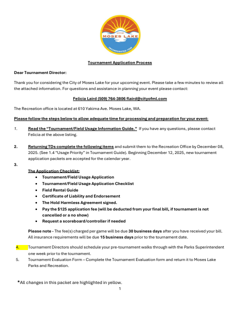 First page of the Softball/Baseball Tournament Application