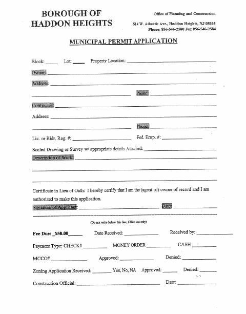 First page of the Municipal Permit Application