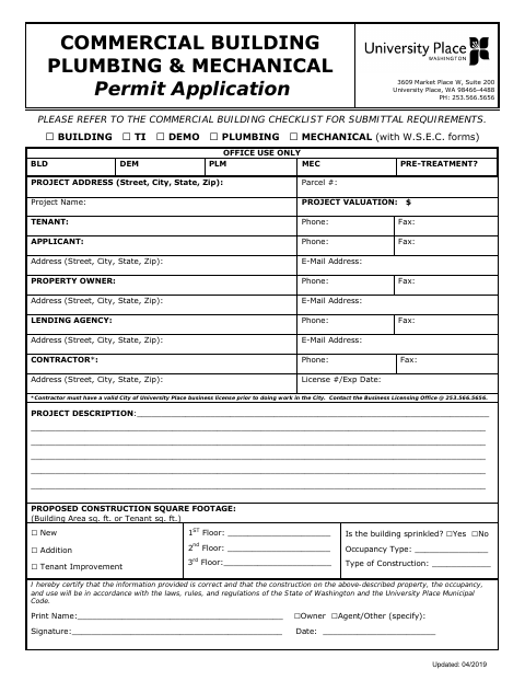 First page of the Commercial Building Plumbing & Mechanical Permit Application