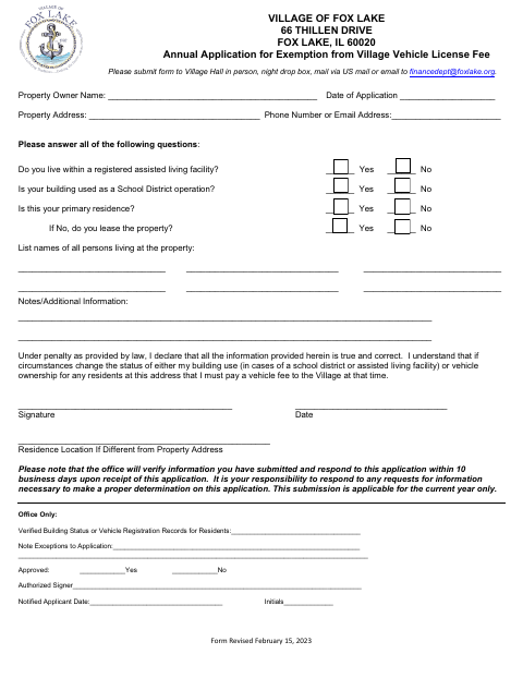 First page of the Annual Application for Exemption from Village Vehicle License Fee