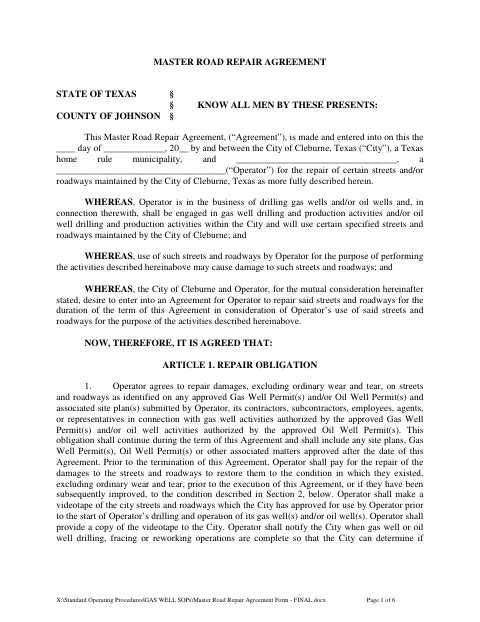 First page of the Master Road Repair Agreement