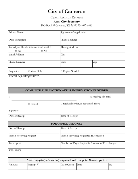 First page of the Open Records Request Form