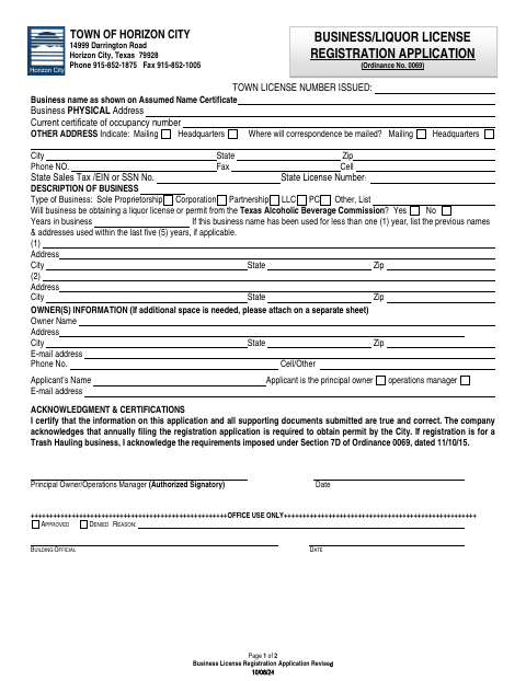 First page of the Business License Registration Application