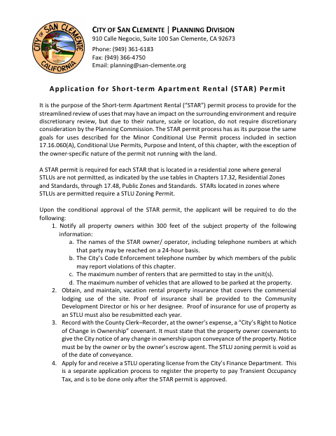 First page of the Short-Term Apartment Rental Permit Application