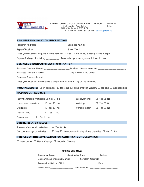 First page of the Certificate of Occupancy Application