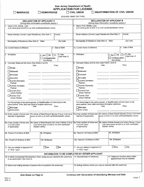 First page of the Application for Marriage License
