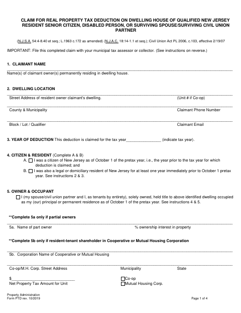 First page of the Claim for Real Property Tax Deduction for Qualified Senior Citizens, Disabled Persons, or Surviving Partners