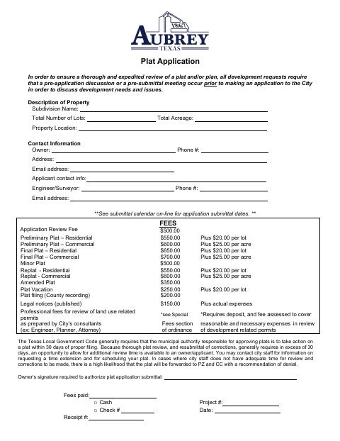 First page of the Plat Application