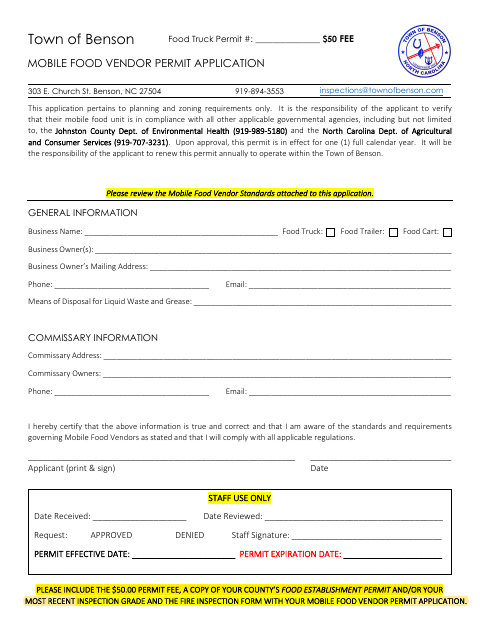 First page of the Mobile Food Vendor Permit Application