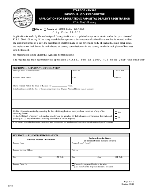 First page of the Individual Scrap Metal Dealer Registration Application