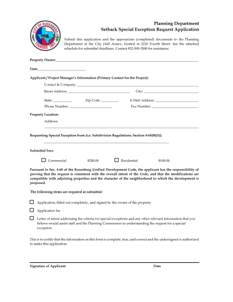 First page of the Setback Special Exception Request Application