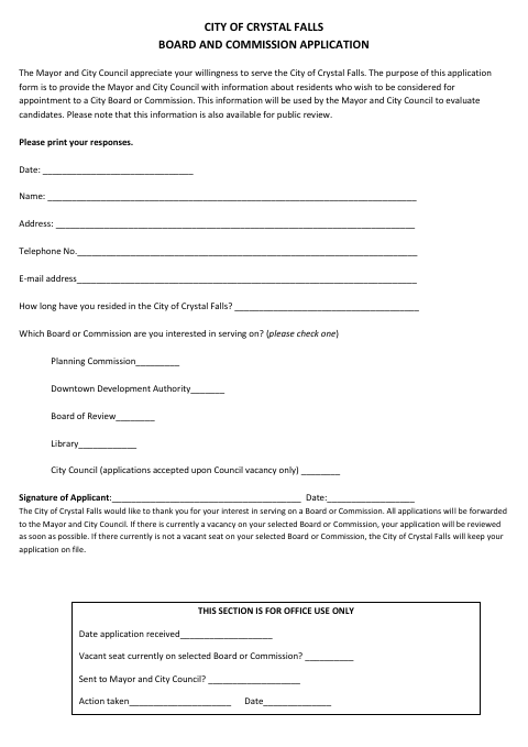 First page of the Board and Commission Application