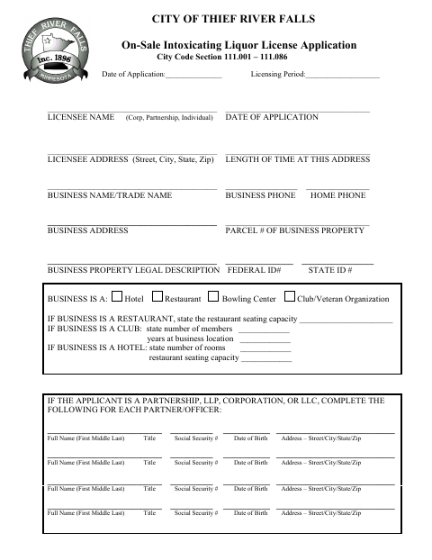 First page of the On-Sale Intoxicating Liquor License Application