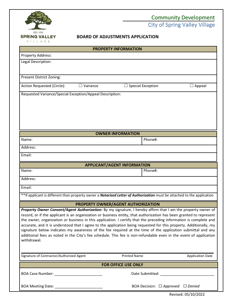 First page of the Board of Adjustments Application