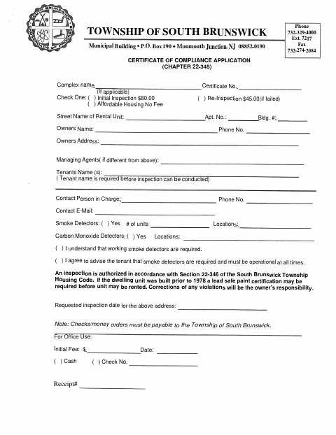 First page of the Certificate of Compliance Application