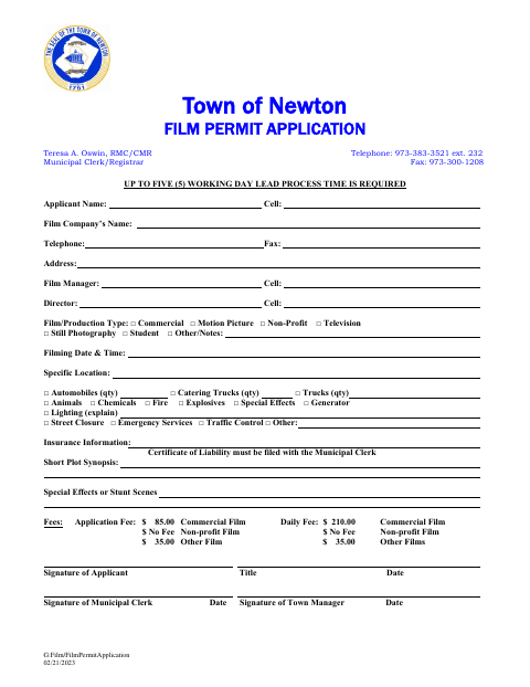 First page of the Film Permit Application