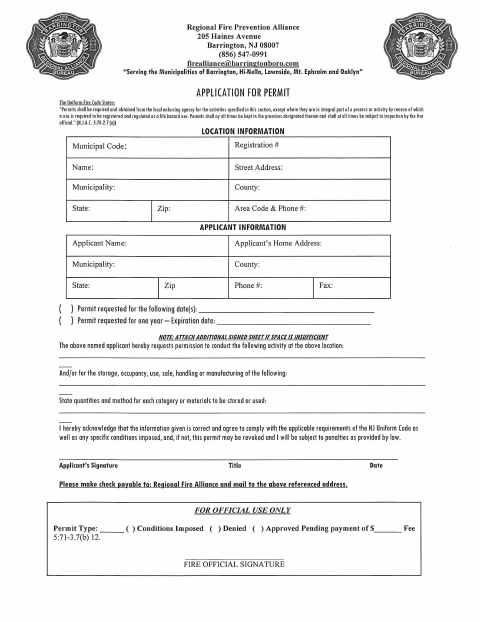 First page of the Fire Prevention Permit Application