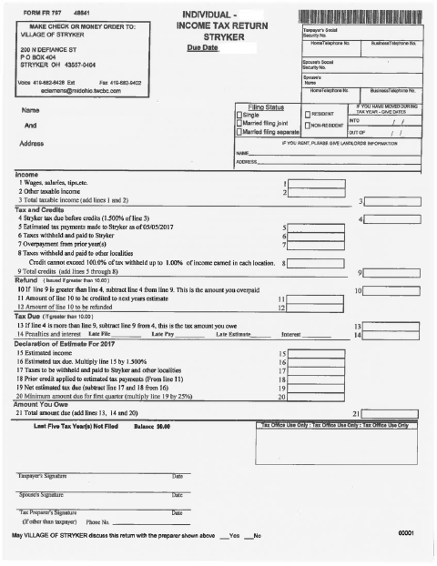 First page of the Individual Income Tax Return