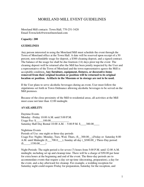 First page of the Moreland Mill Event Guidelines and Rental Agreement