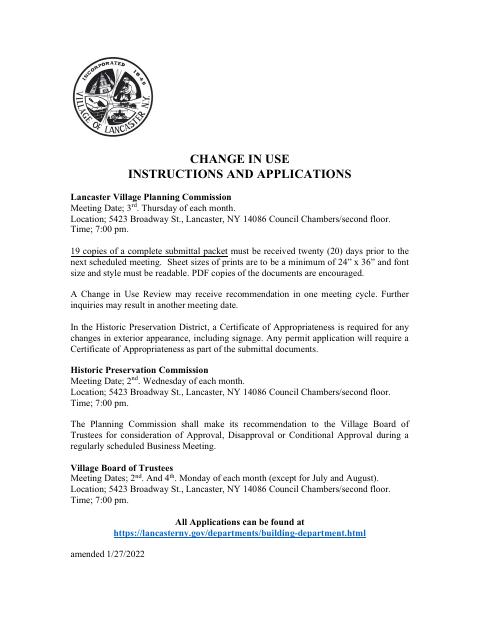 First page of the Change In Use Application