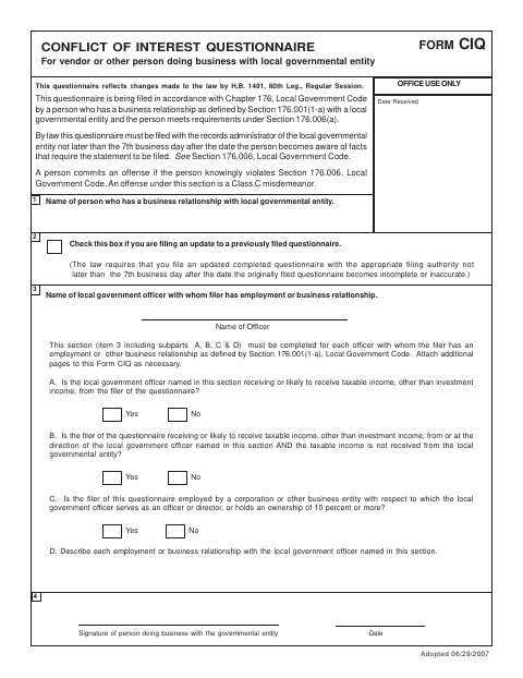 First page of the Conflict of Interest Questionnaire