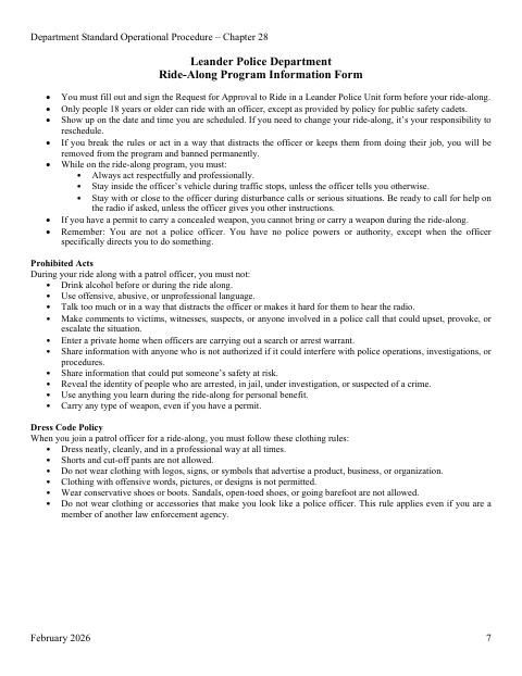 First page of the Ride-Along Program Information Form