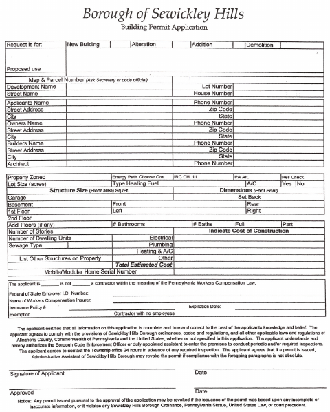 First page of the Building Permit Application