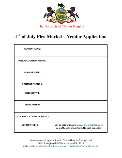 First page of the 4th of July Flea Market Vendor Application