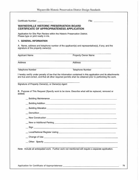 First page of the Certificate of Appropriateness Application