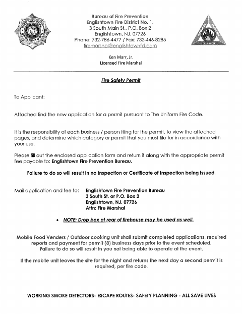 First page of the Food Truck Fire Safety Permit Application