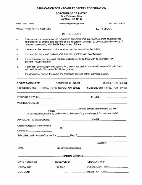 First page of the Vacant Property Registration Application