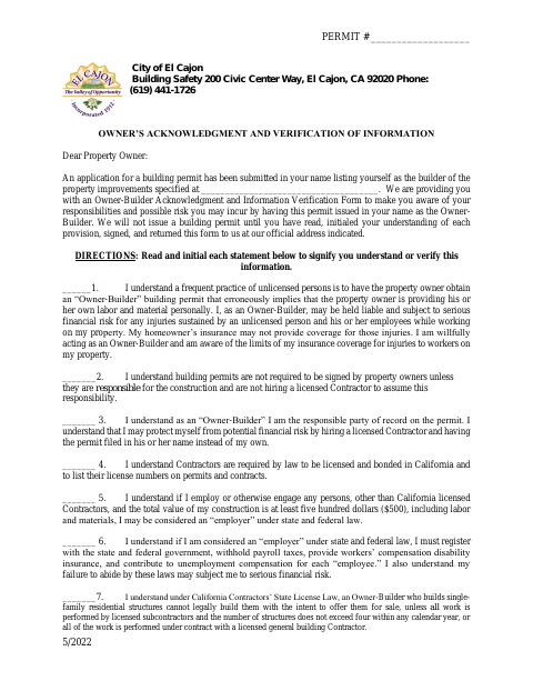 First page of the Owner-Builder Acknowledgment and Verification of Information