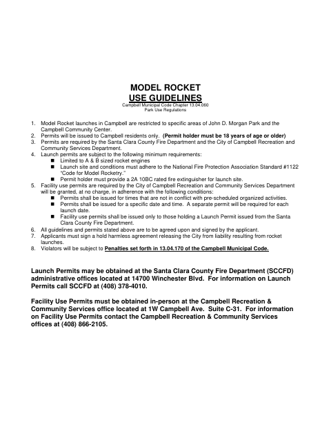 First page of the Model Rocket Facility Use Permit