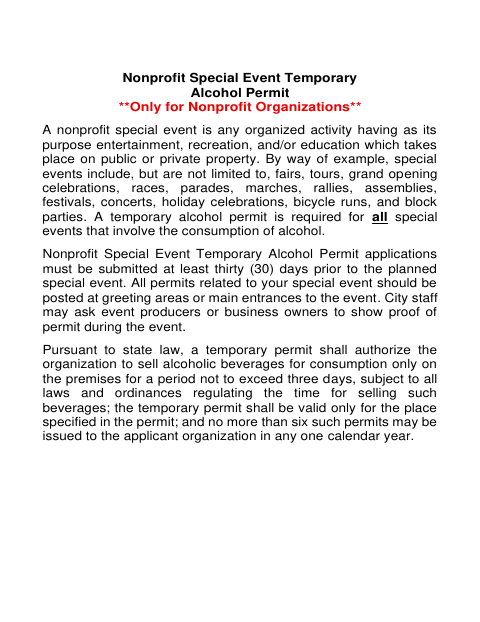 First page of the Nonprofit Special Event Temporary Alcohol Permit