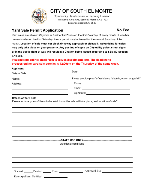 First page of the Yard Sale Permit Application