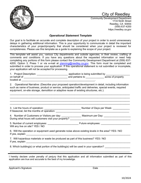 First page of the Operational Statement Template