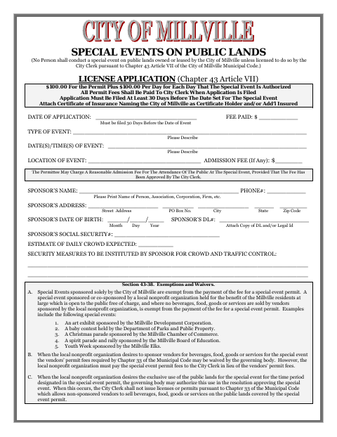 First page of the Special Events on Public Lands License Application