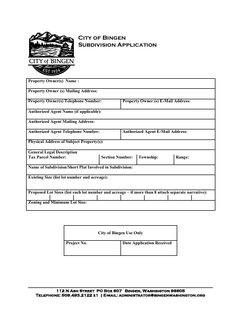 First page of the Subdivision Application