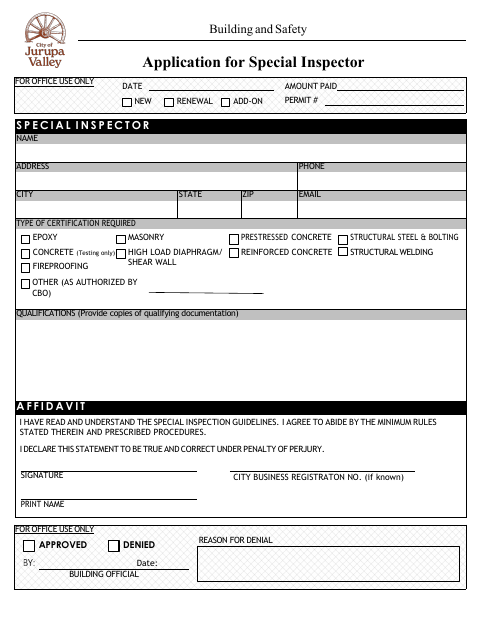 First page of the Application for Special Inspector