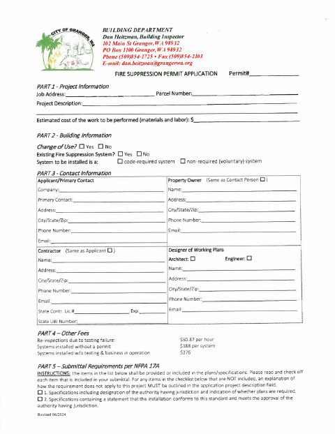 First page of the Fire Suppression Permit Application