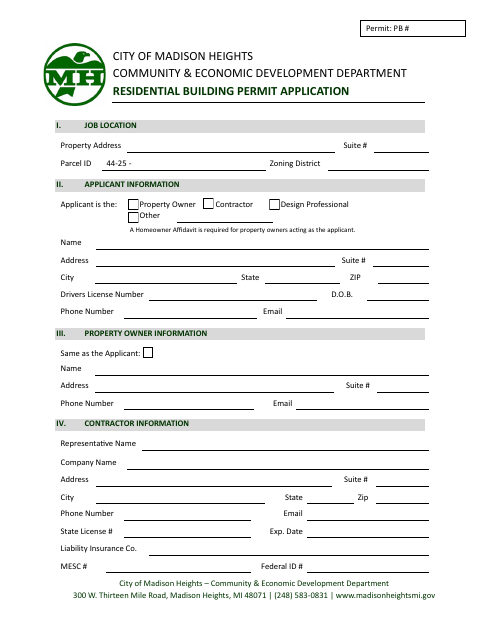 First page of the Residential Building Permit Application and Homeowner Affidavit