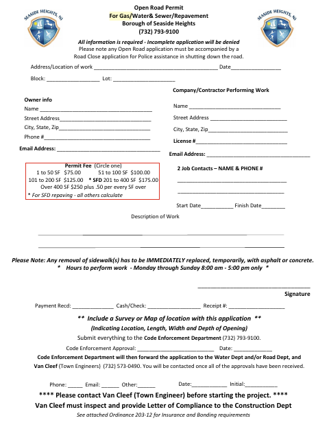 First page of the Open Road Permit for Gas, Water, Sewer, and Repavement